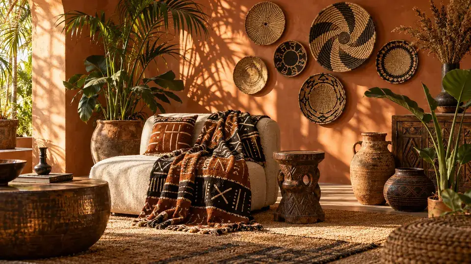 Terracotta living room with a woven basket wall and a mudcloth throw