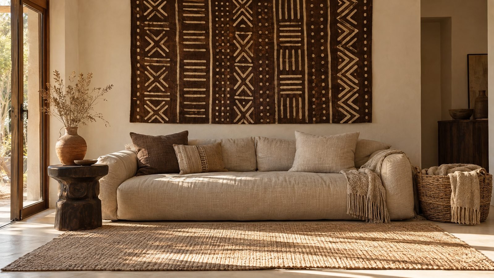 A large brown and cream mud cloth hung above a linen sofa in a sunlit cream living room